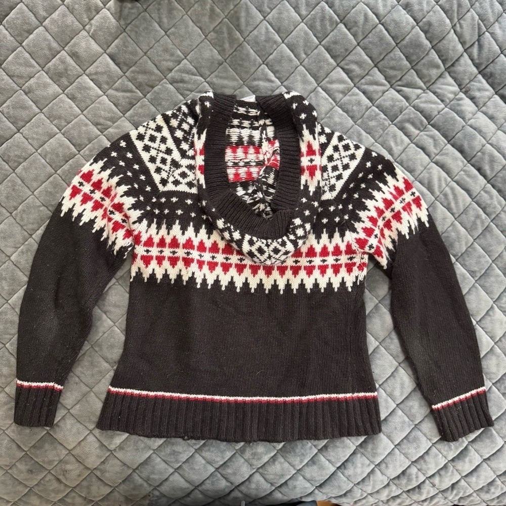 Burton Sweater Fair Isle Hooded Navy Red White Assymetrical Collar Ski Lodge XS - Picture 6 of 8